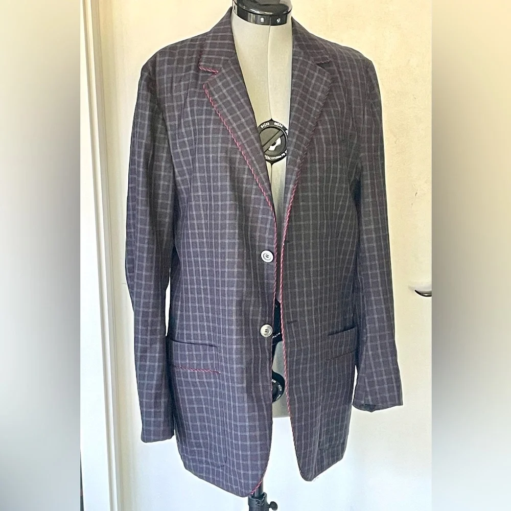 GUCCI Checkered wool Blazer with red stitch trim, blue/red, IT48R, (38R US), GUC - Picture 2 of 15